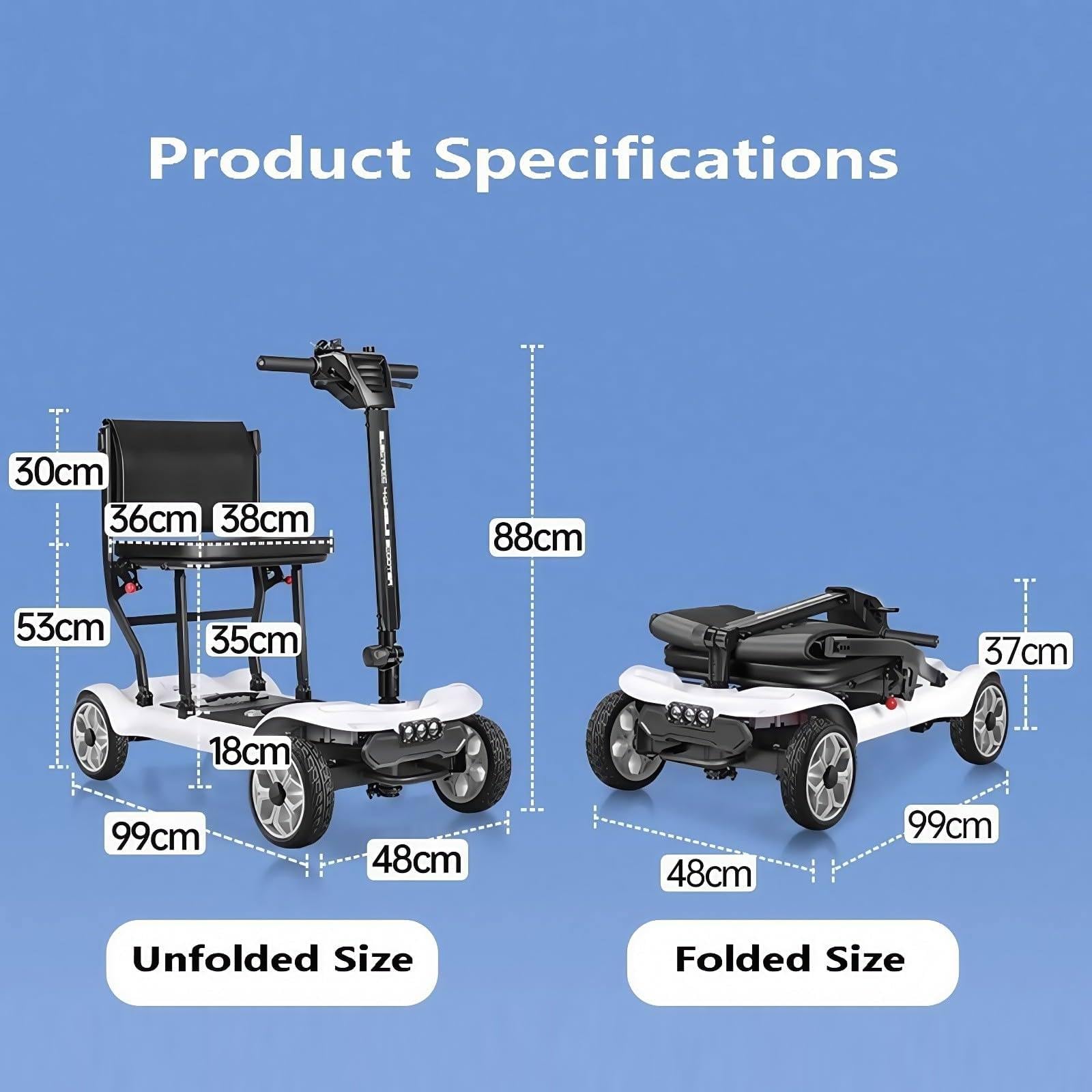 Składany Skuter Elektryczny, Ultralekki, 4-Kołowy Skuter Inwalidzki Dla Seniorów (16 Kg), Z Reflektorami LED, Dla Osób Starszych I Niepełnosprawnych 6.6A-Black