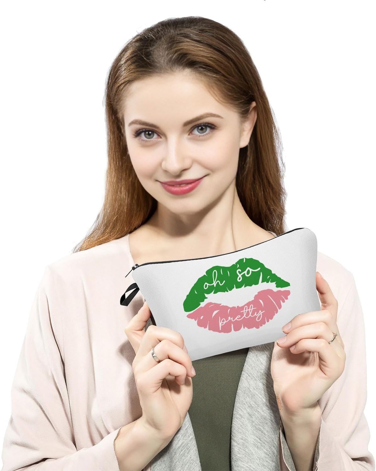 Oh So Pretty Makeup Bag Cute Small Organizer Bag with Zipper AKA Green Pink Lip Cosmetic Bag Aesthetic Sorority 1908 Present for Women Friends - Image 3
