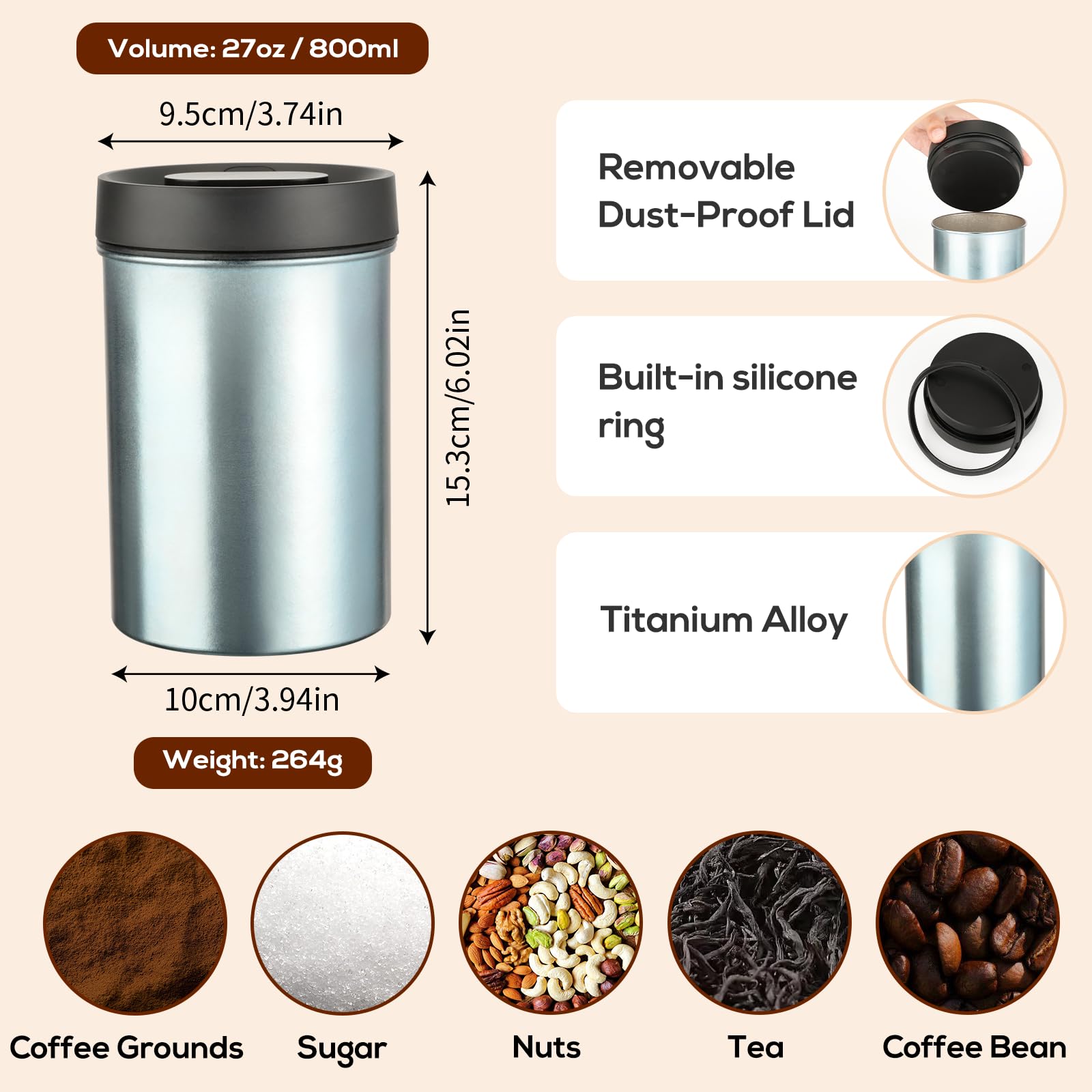 VINATO 800Ml Barattolo Caffe Ermetico, 304 Contenitore Caffè,per Farina, Fagioli, Tè, Noci,Cereali e Zucchero
