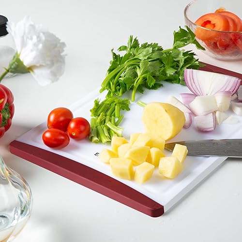 Vista 14 de Tablas de cortar extra grandes, tablas de cortar de plástico para cocina (juego de 4) tabla de cortar para lavavajillas con ranuras para jugos, asas