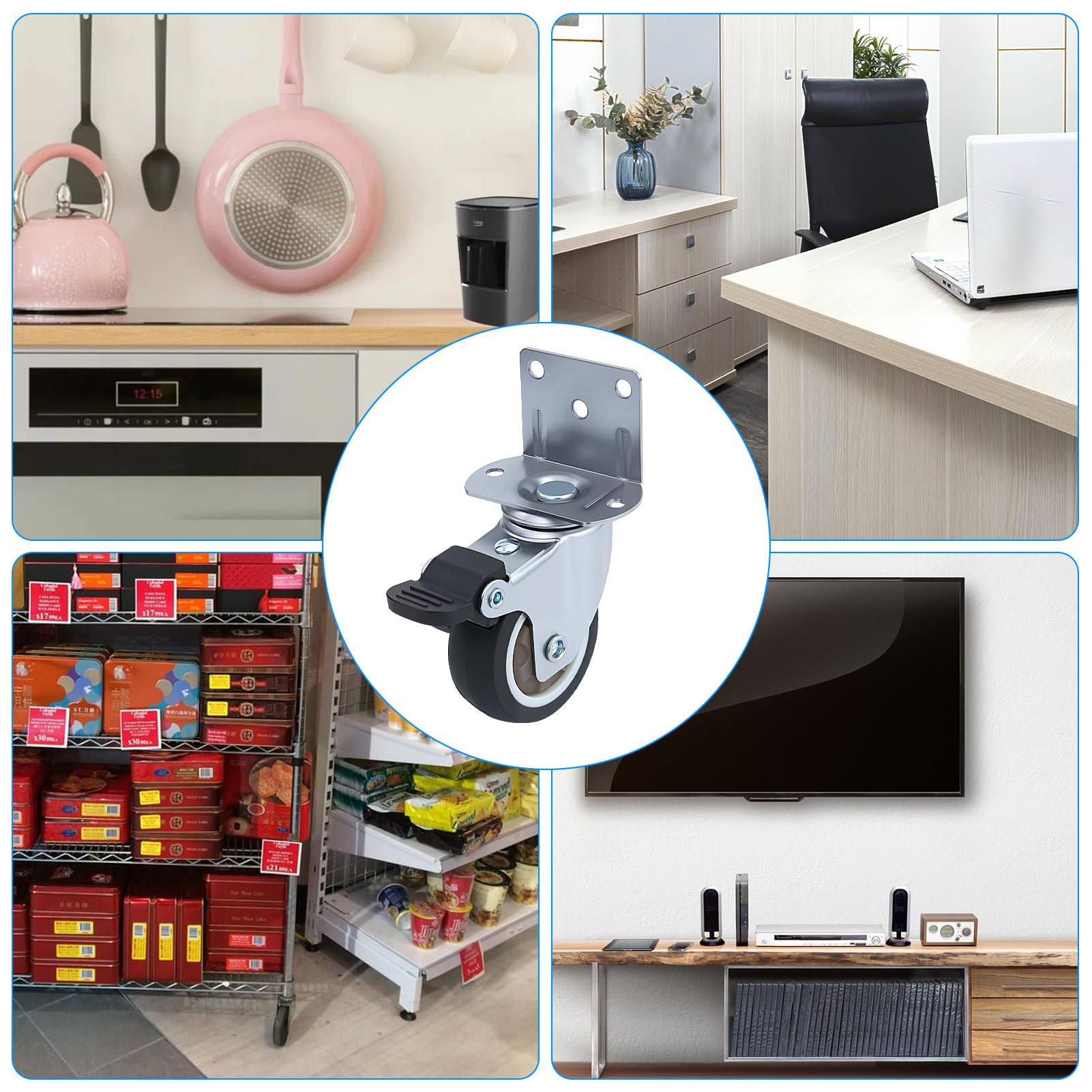 Babybay Lot de 2 roulette de meuble en L avec 2 freins - Roulettes en caoutchouc silencieuses - Pivotantes à 360° pour meubles - Idéal pour support de fleurs, table basse