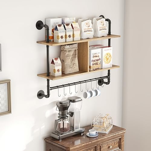 Miniatura 8 de MAIKAILUN Estantes flotantes de tubería, estante de barra de café con 9 ganchos ajustables para tazas, utensilios de cocina o toallas para cocina,