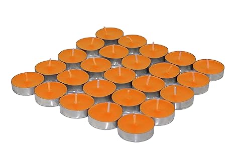 Shraddha Creation Wax Orange Tealight Candles, Plain Tea Lights Candles Set of 25 for Diwali Decorations, Fancy Unscented Tealight Candles Pack of 25pcs (Orange Colour)