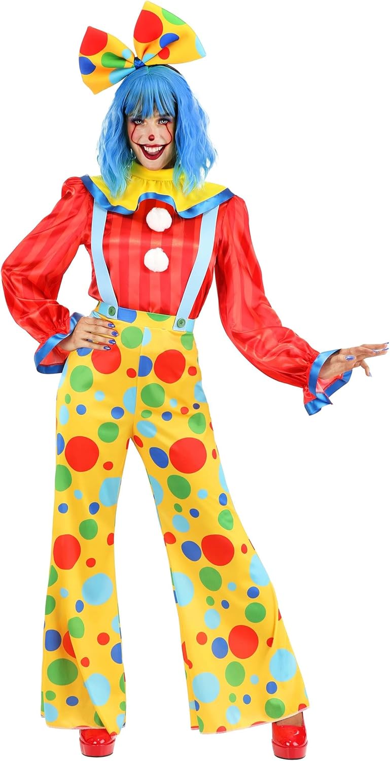 Women's Posh Polka Dot Clown Costume, Colorful Circus Jester Outfit with Collar and Hair Bow - Image 8