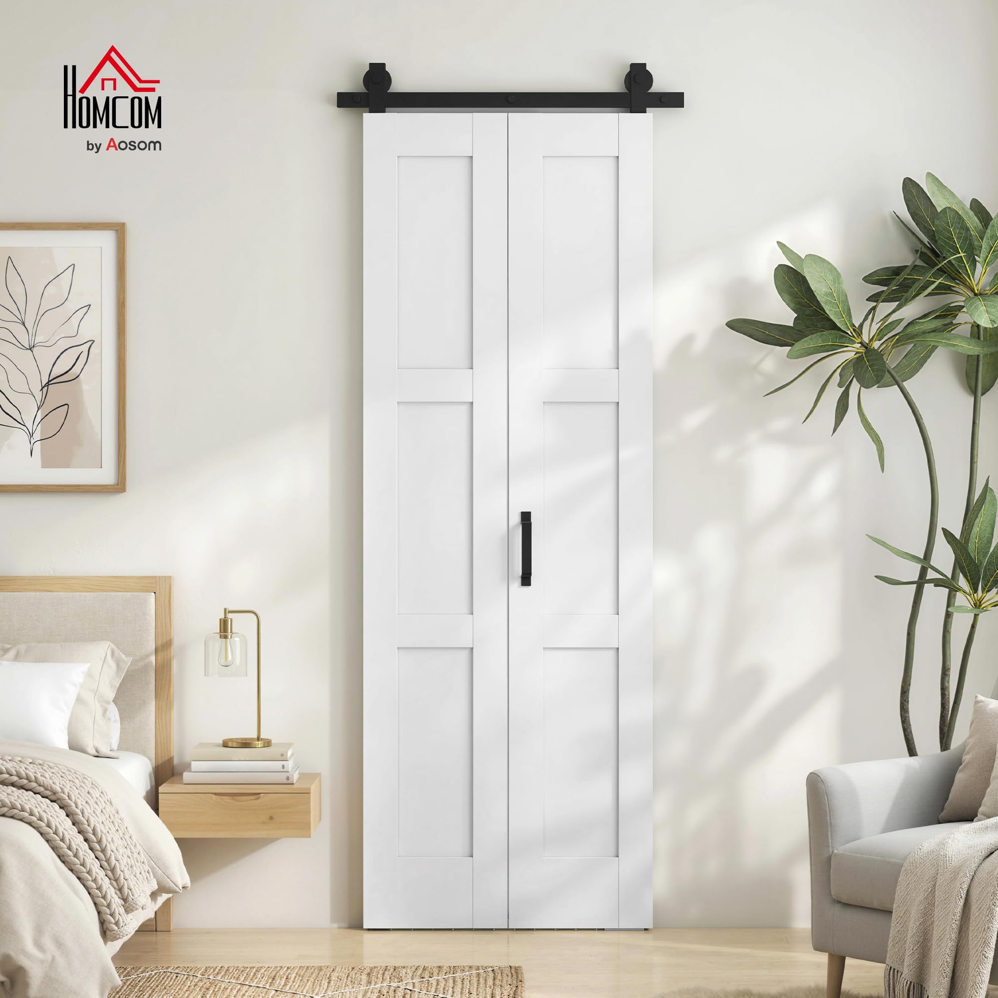 HOMCOM Porta Scorrevole Bi-fold Muro 71.2x213.4cm, Binario Silenzioso Acciaio, Maniglia, Guida, Ruote, Porta da Interno Stile Rustica, in MDF e Legno Pino, Impermeabile, per Cucina, Bagno