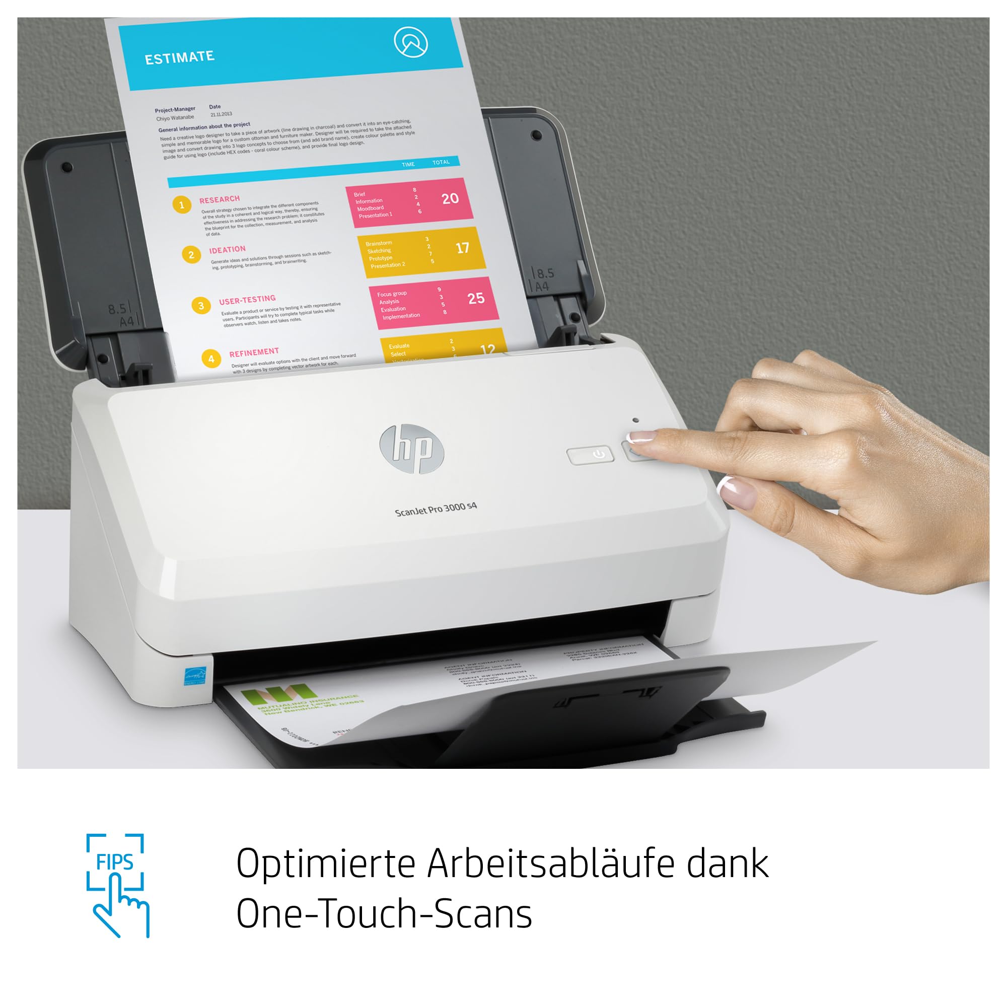 HP ScanJet Pro 3000 s4, Scanner, Einzelblattzufuhr, 50-Blatt ADF, USB 3.0, bis zu 4.000 Seiten täglich, Schnelleinstellungen
