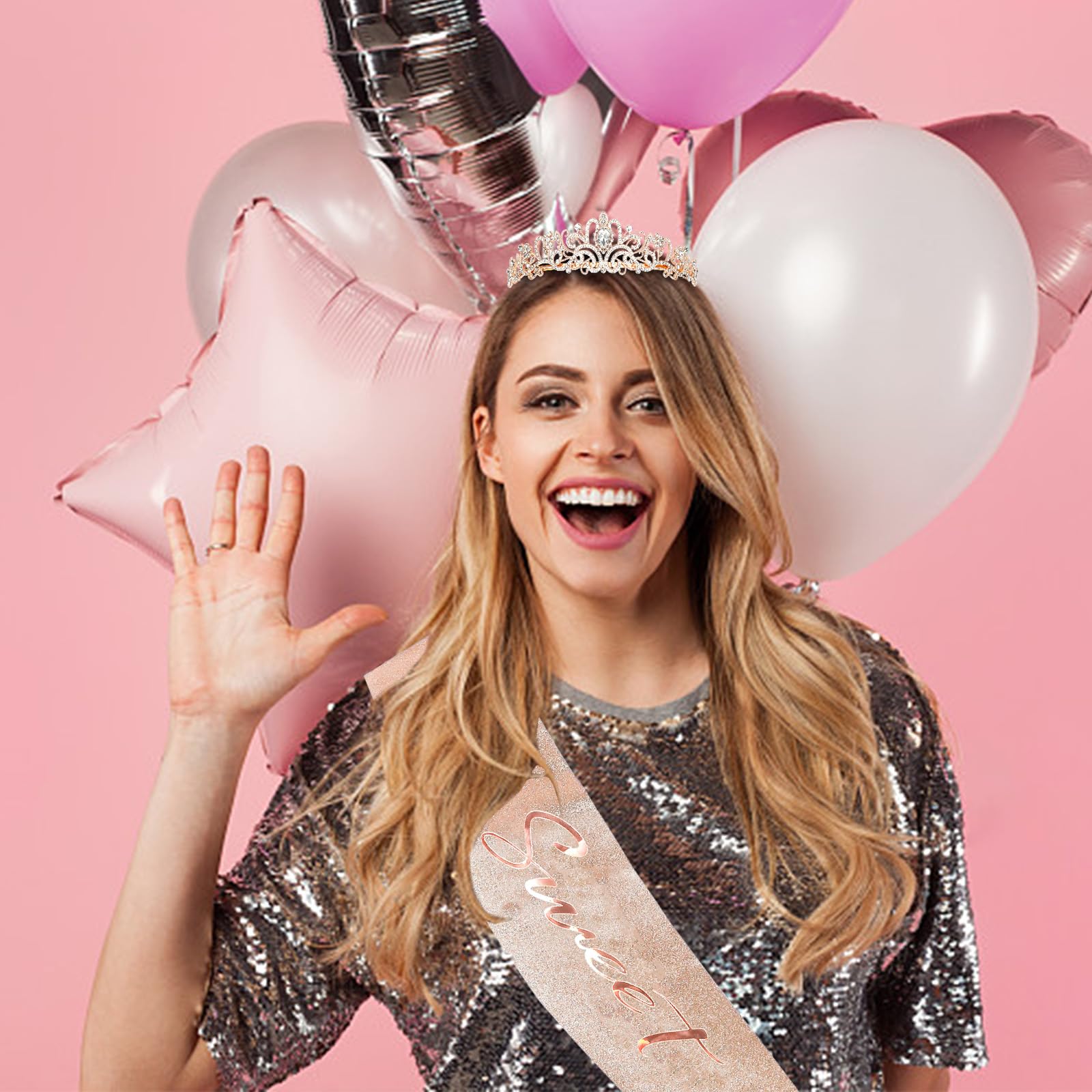 YARIEW Sweet 16 Birthday Decorations for Girls, Rose Gold Sweet 16 Sash and Tiara, Birthday Crown and Sash, 16th Birthday Gifts for Girls, Sweet Sixteen Gifts for Girls