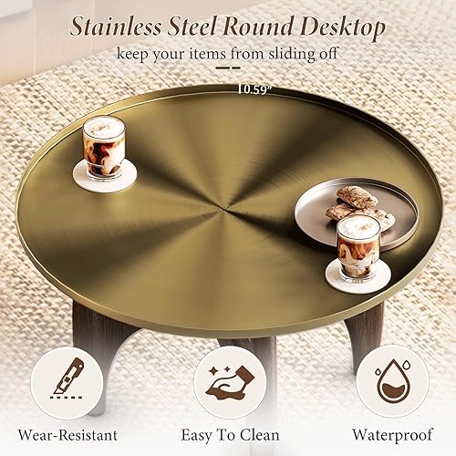 Miniatura 8 de Mesa de centro moderna de madera de nogal, mesa de centro redonda de 29 pulgadas con bandeja de acero inoxidable dorado cepillado, mesa de té de