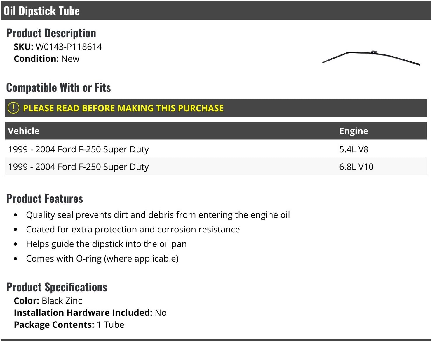 Oil Dipstick Tube - Black Zinc - Compatible with 1999-2004 Ford F-250 Super Duty