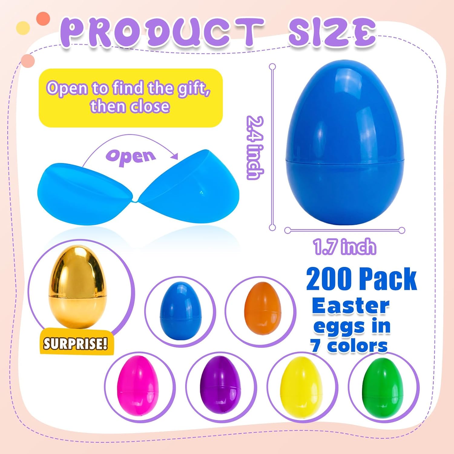 Qudoustar 200 Pack Easter Eggs Bulk 2.4 Inch Includes 6 Surprise Golden Eggs, Bright Colors Empty Fillable Plastic Eggs for Easter Hunt, Easter Basket Stuffers Fillers Party Favors Classroom Prize