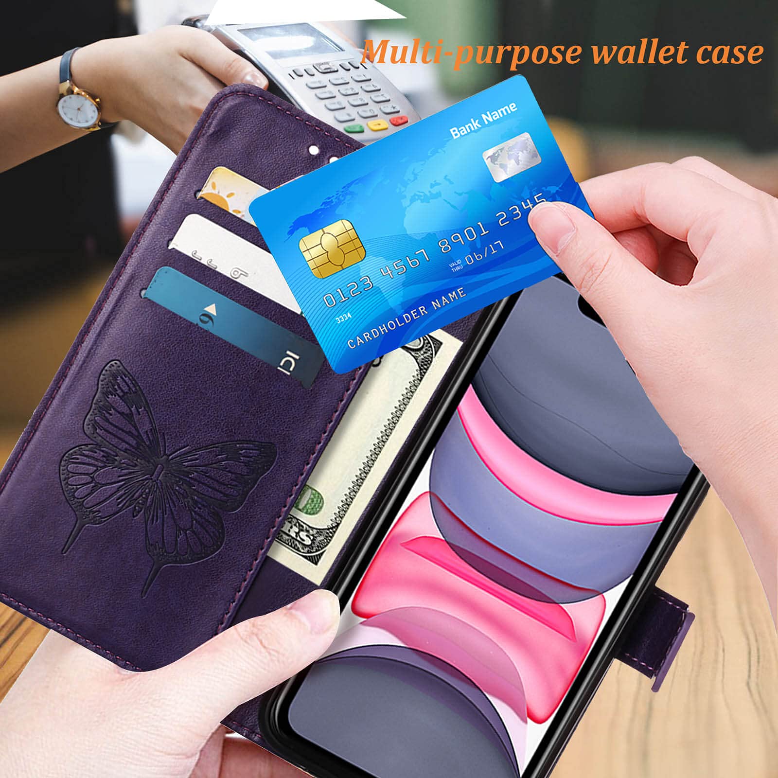 Compatible for iPhone 11 Wallet Case,[Card Holder Slots][Kickstand][Wrist Strap] Butterfly Floral Embossed PU Leather Flip Protective Cover for iPhone 11 Cases Women (Purple)