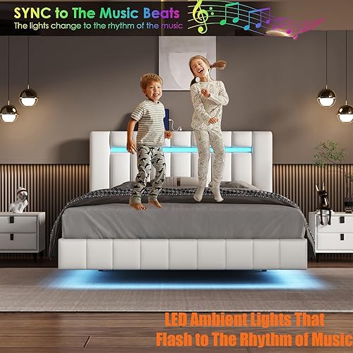 Miniatura 21 de Base de cama flotante de tamaño Queen, con luces LED de ambiente y carga USB, base de cama LED moderna tapizada de poliuretano con plataforma LED,