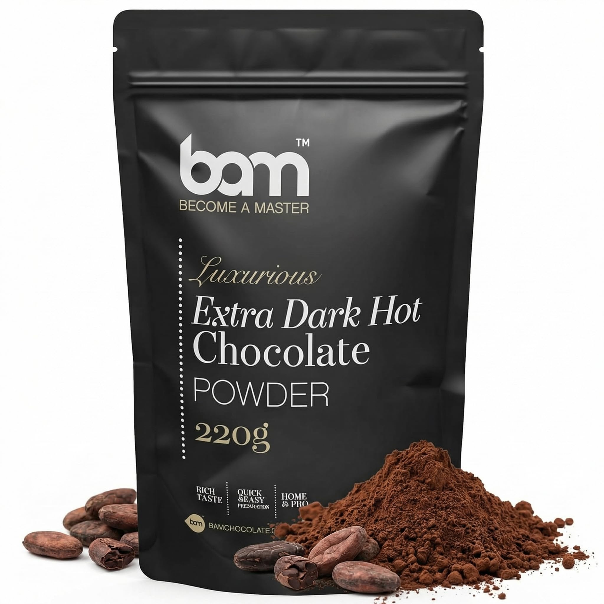 BAM Preparato per Cioccolata – Calda Cioccolata Solubile Cremosa in Polvere, con Dosatore – 220g, 7 Porzioni (Cioccolato extra fondente)