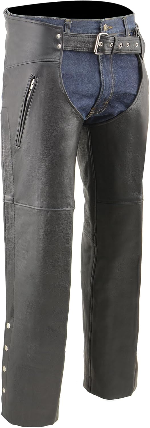 Milwaukee Leather ML1190 Chaps for Men's Black Naked Leather - Thigh Pocket with Zipper Mesh Lined Motorcycle Chap