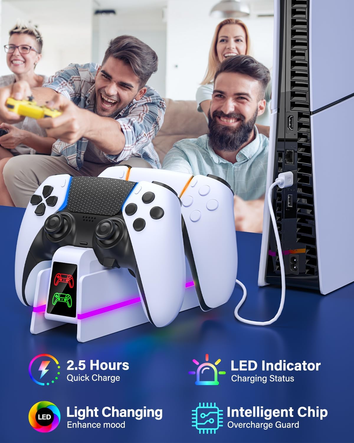 PS5-Controller-Charger for PlayStation-5-Dualsense-Edge, 9 Colors LED PS5 Charging Station for PlayStation 5 Controller Charger, Charging Dock and Holder Stand for PS5/Slim/Pro Remote Accessorise - Image 8