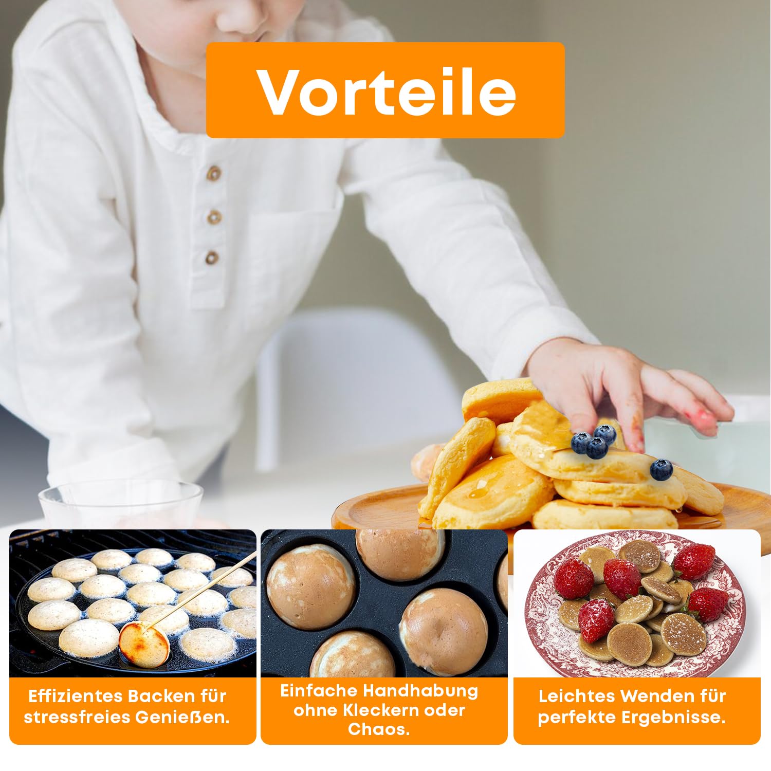 Poffertjes Pfanne 24 cm – Gusseisen Donut Maker & Pancake Pfanne – Backform für 19 Mini-Pfannkuchen – Induktion & alle Herdarten – Crepe Pfanne mit Zubehör & Rezept-E-Book