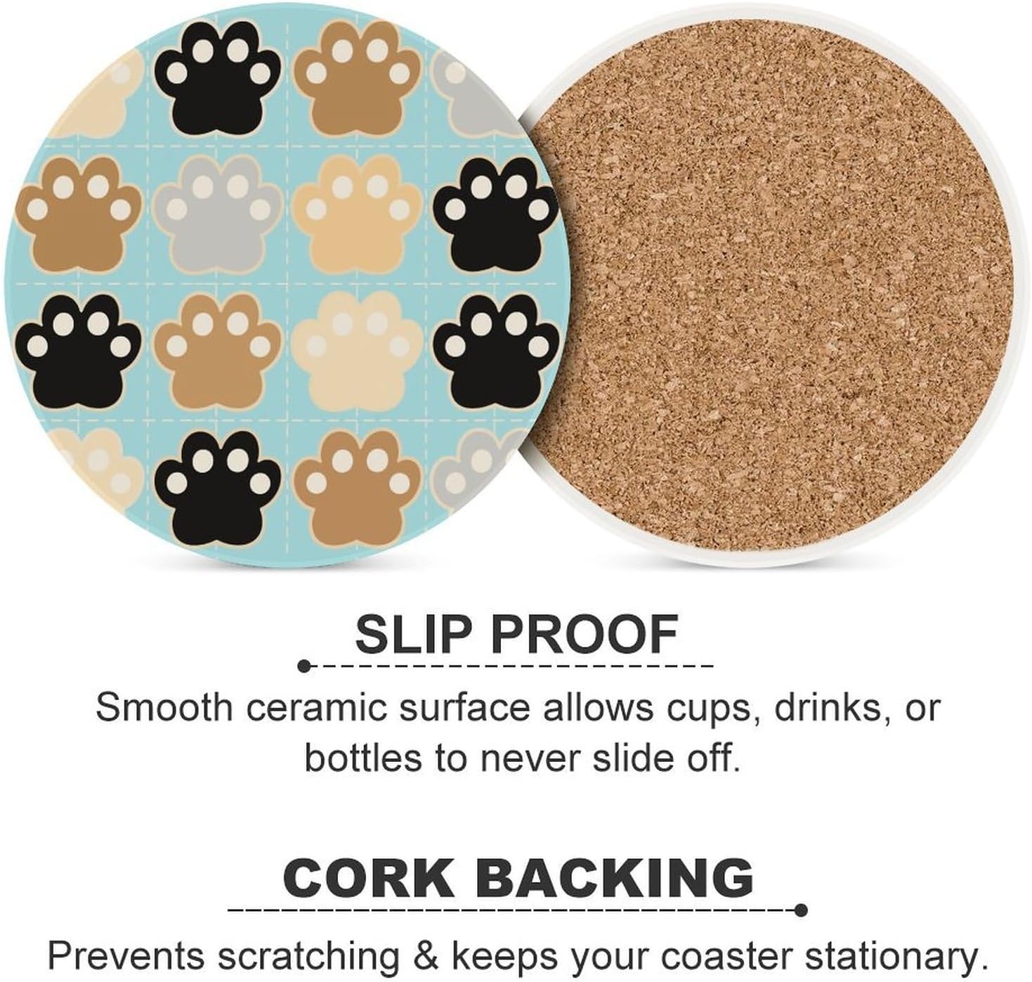 6PCS Cat Pawprints Coasters Non-Slip Round Drink Coasters with Ceramic Stone and Cork Base, Heat Resistant Absorbent 33.00Stone Coaster Set for Kinds of Mugs and Cups, 4 Inch