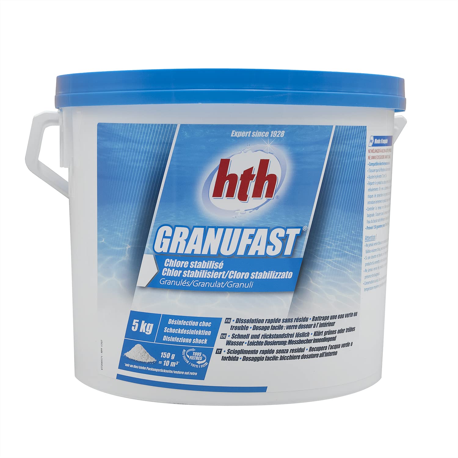 HTH GRANUFAST Granulés - 5kg | Chlore Choc Stabilisé - Désinfection Choc - Dissolution Rapide + 10 Tests HPS OFFERTS 6 en 1