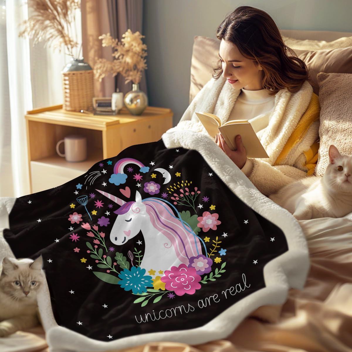 Sleepwish Unicorn Blanket Unicorn Throw Blankets for Girls Cute Unicorn Fleece Blanket for Women Unicorn Flower Fluffy Blanket Black Pink Sherpa Plush Blanket Throw for Kids Childrens Gifts (50"x60")