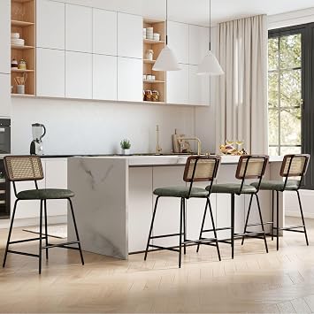 Hyfirm Set of 4 Bar Stools 26 Inch Counter Height, Rattan Barstools with Cane Back & Green PU Leather Padded Seat, Metal Frame Upholstered Breakfast Chairs for Kitchen Island, Home Bar, Dining