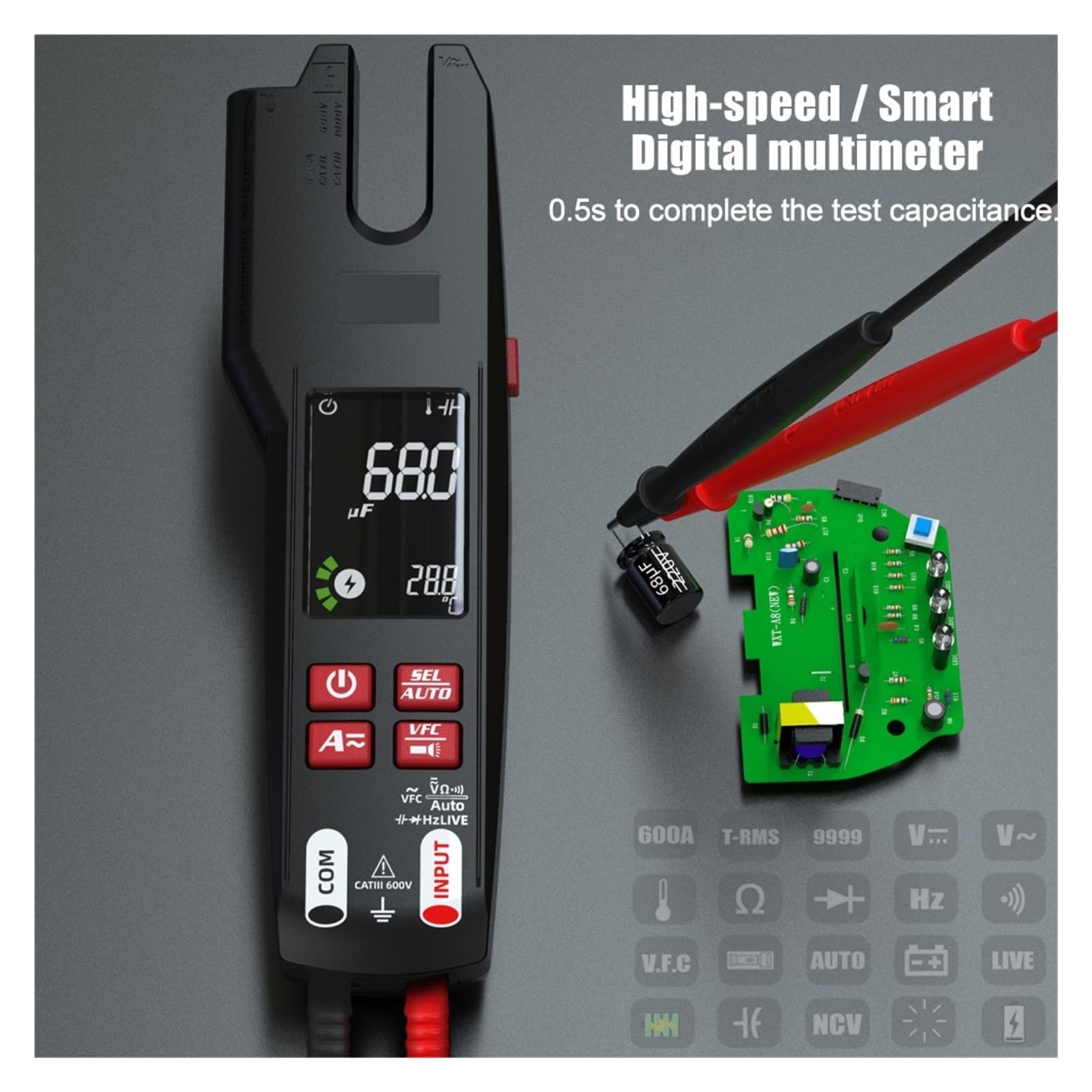 Cyfrowy Miernik Cęgowy Widelec DC/AC 600A Profesjonalne Szczypce Amperomierze T-RMS Prąd OpenJaw Tester Elektryczny Auto Multimetr Szybko Dokładnie Łatwy Odczyt(U6-USB Charging)