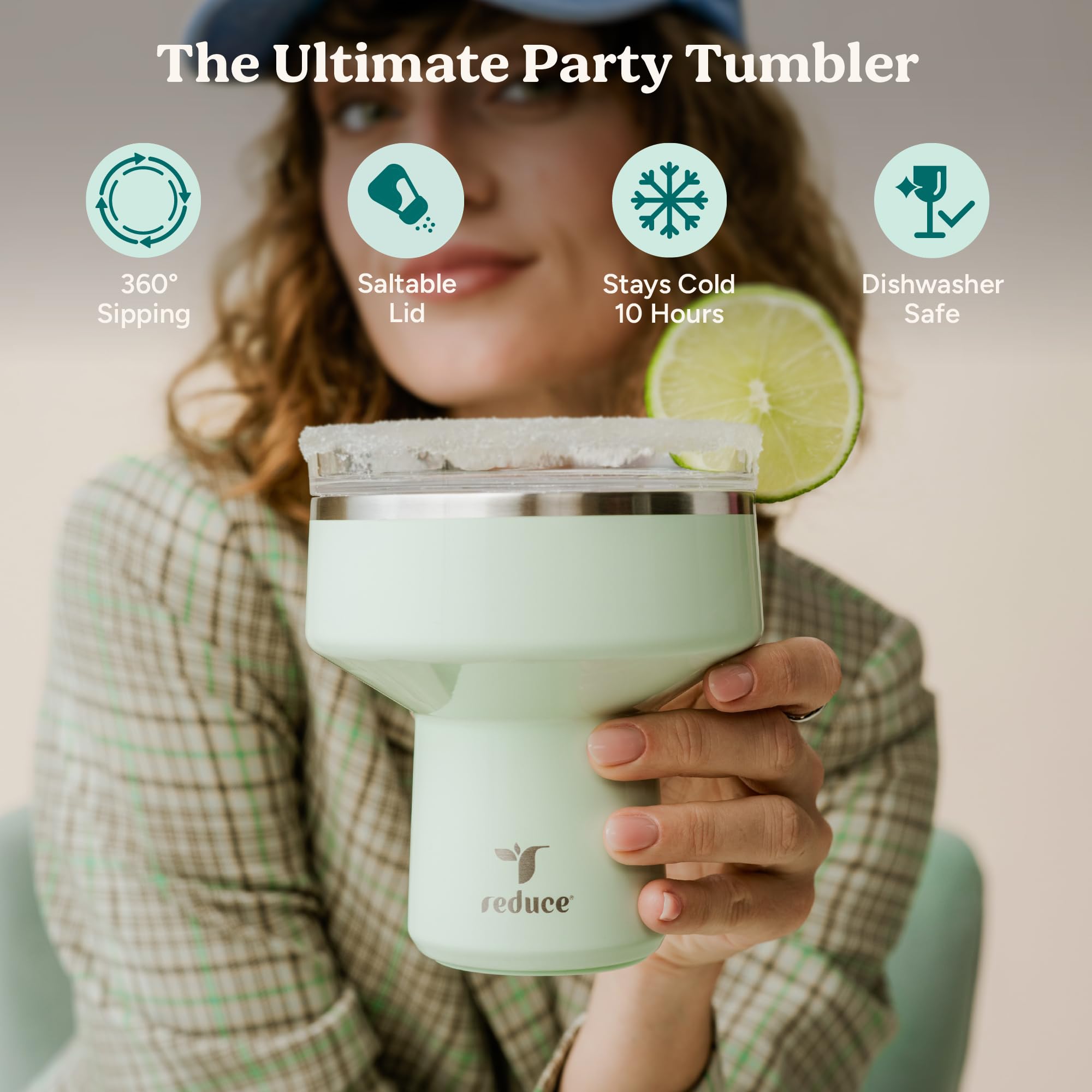 REDUCE Saltini 16 oz Cocktailbecher - isolierter Margarita-Becher mit Deckel - Hält Getränke 10 Stunden lang kalt - 360 schlürfbarer Martiniglas-Alternative - Bruchsicher, perfekt für Partys