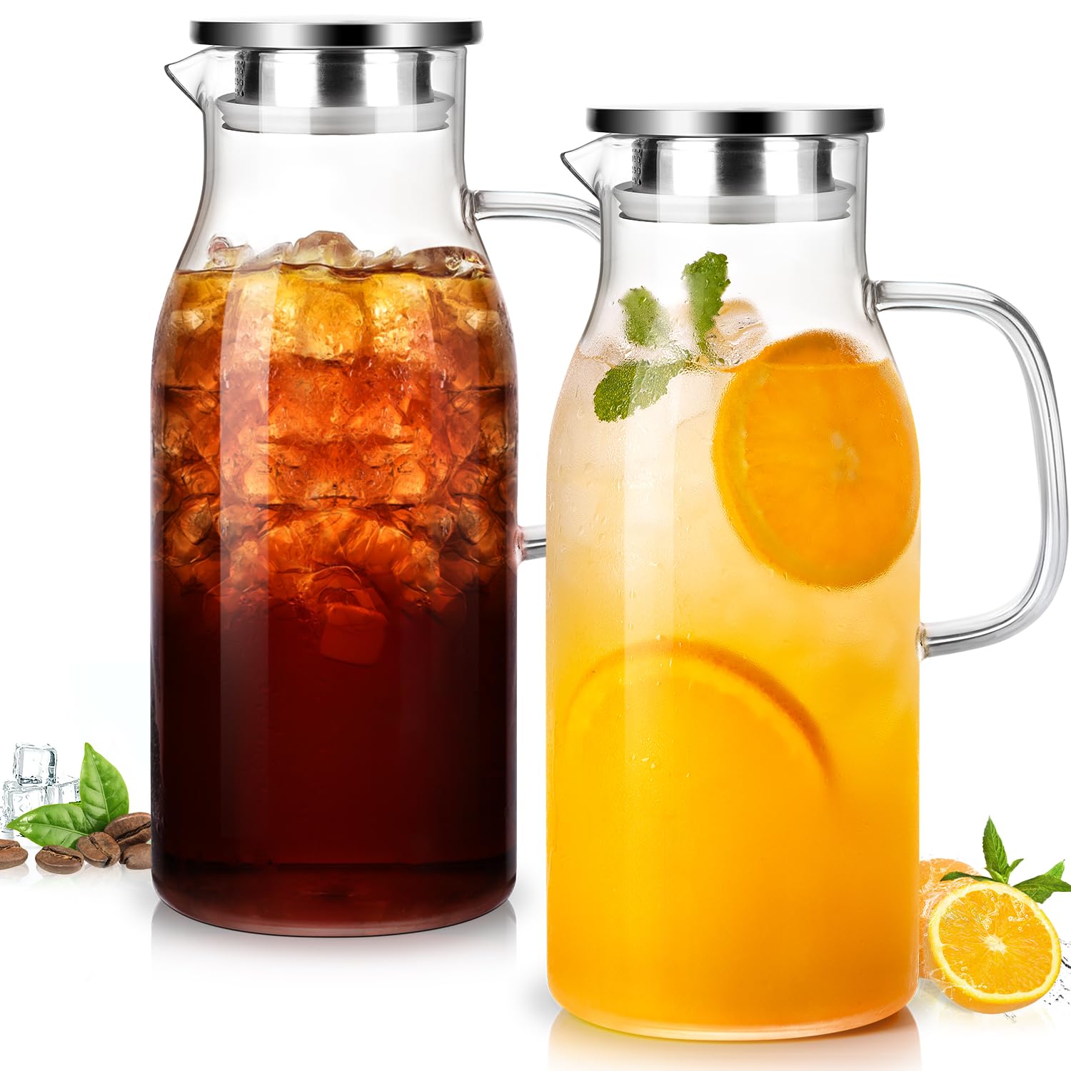 LUNA&MANTHA 2 Pack 2 Liter 68 oz Glass Pitcher with Lid and Handle, Water Pitcher for Fridge, Large Ice Tea Jug for Hot/Cold Drinks, Thick Borosilicate Glass Carafe for Coffee, Juice, Sangria