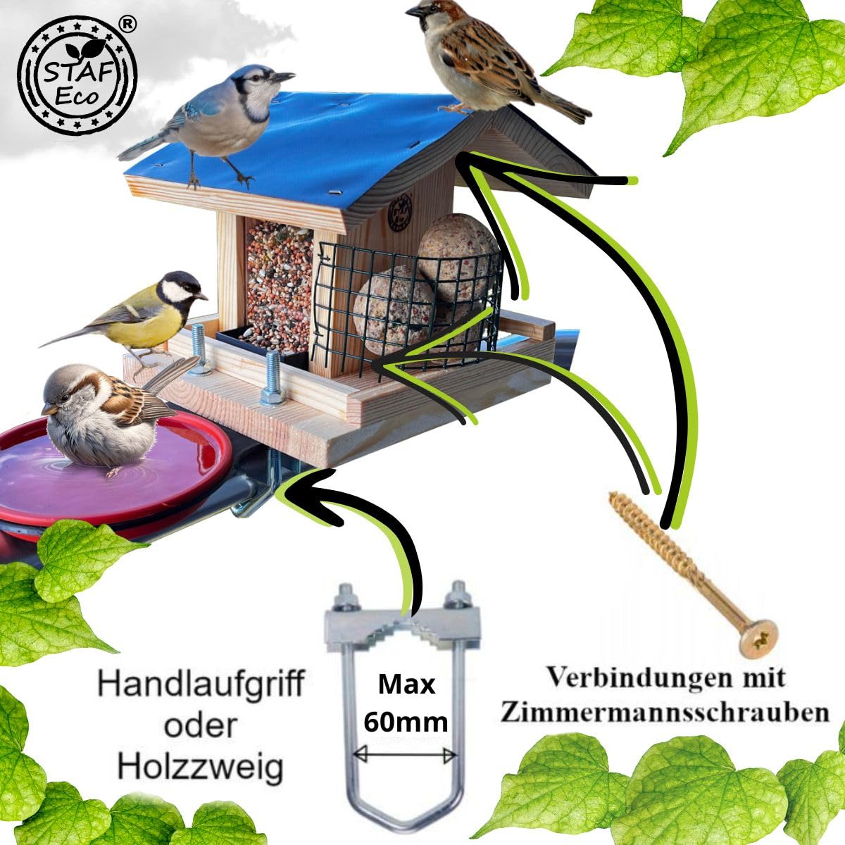 Vogelfutterhaus Vogelhaus für Balkon wetterfest Futterhaus balkongeländer Holz imprägniert Handarbeit Gartenvögel im Garten Balkonhalterung mit Einer Größe von 30 bis 60 mm (Balkon 2)
