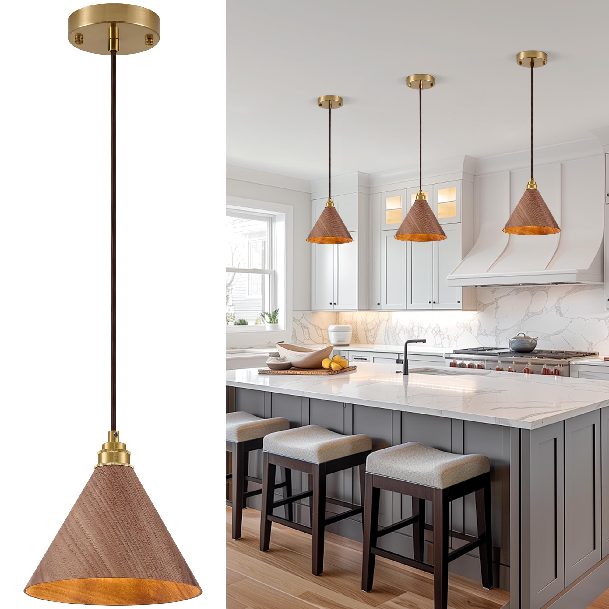 Photo 1 of Ecoillumix 3 Pack Pendant Lights Kitchen Island, 8.3” Small Wood Pendant Light, Adjustable Height Hanging Light Fixtures, Kitchen Island Lights for Dining Room, Bedroom, Hallway, Bar (Walnut)