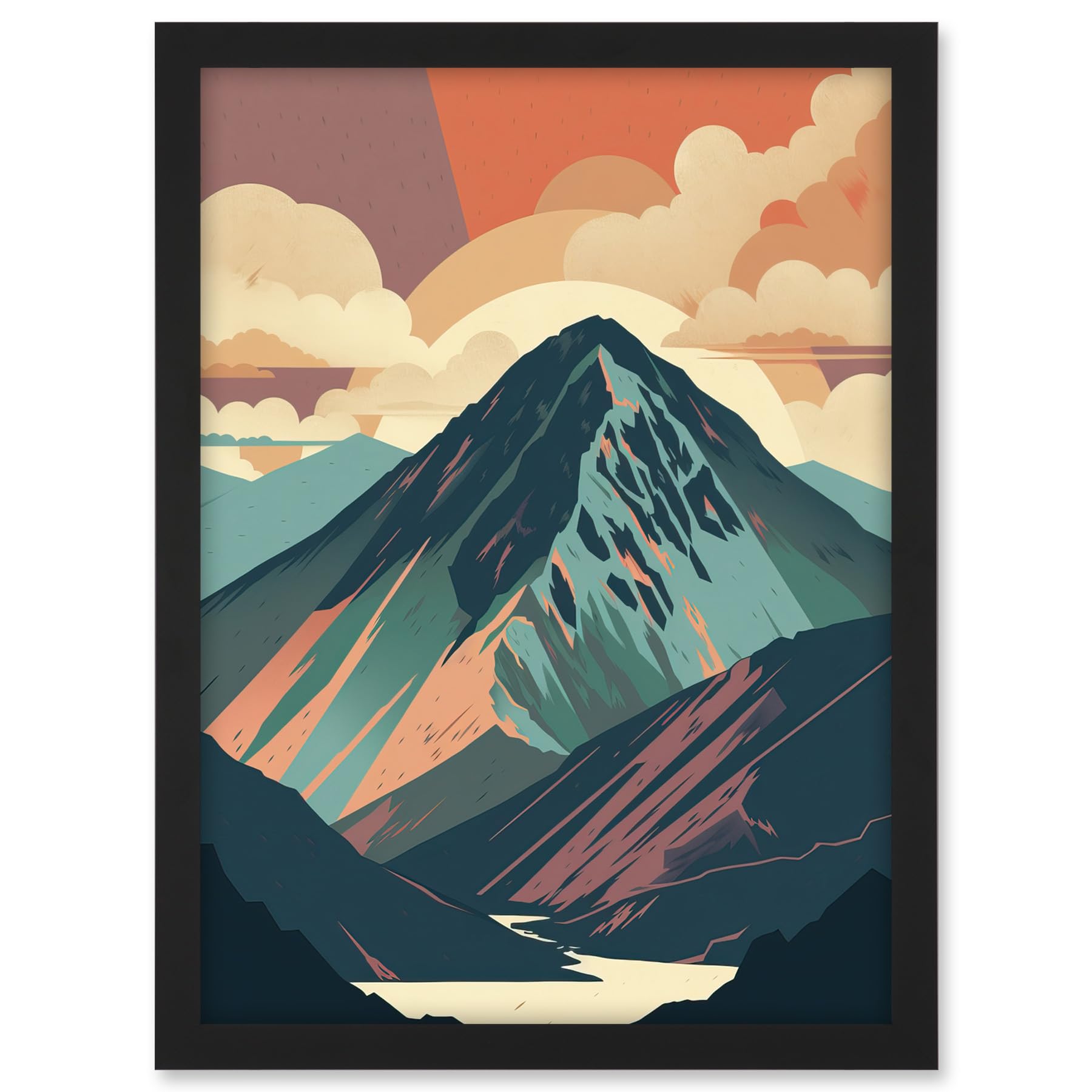 Artery8 Mountain Hill Sunrise Boho Landscape Illustration Artwork Framed A3 Wall Art Print