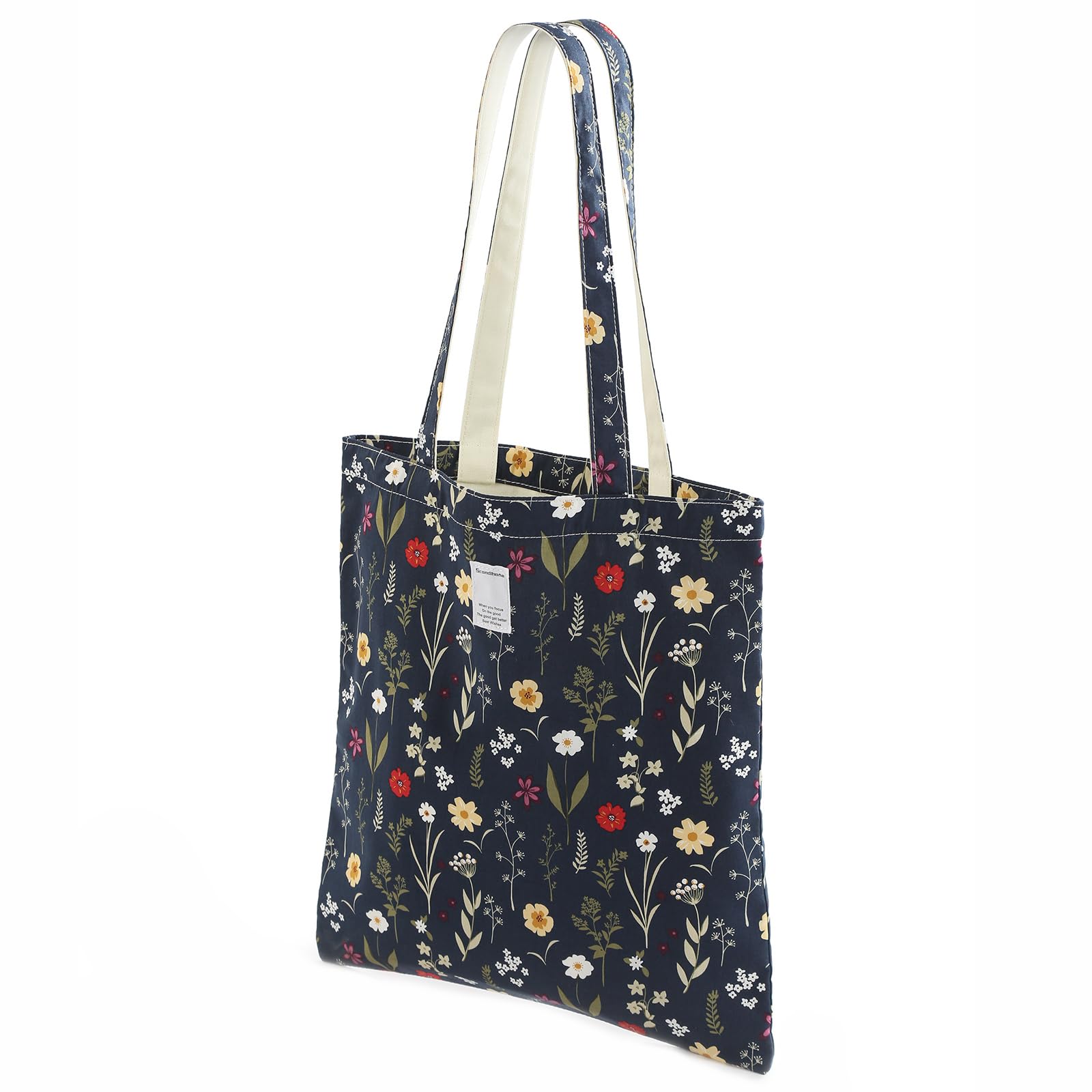TWOOKTY Canvas Tote Bag for Women, Reusable Cotton Shoulder Bag with Magnetic Closure, Aesthetic Floral Print Shopping Bag for Work, School, Travel