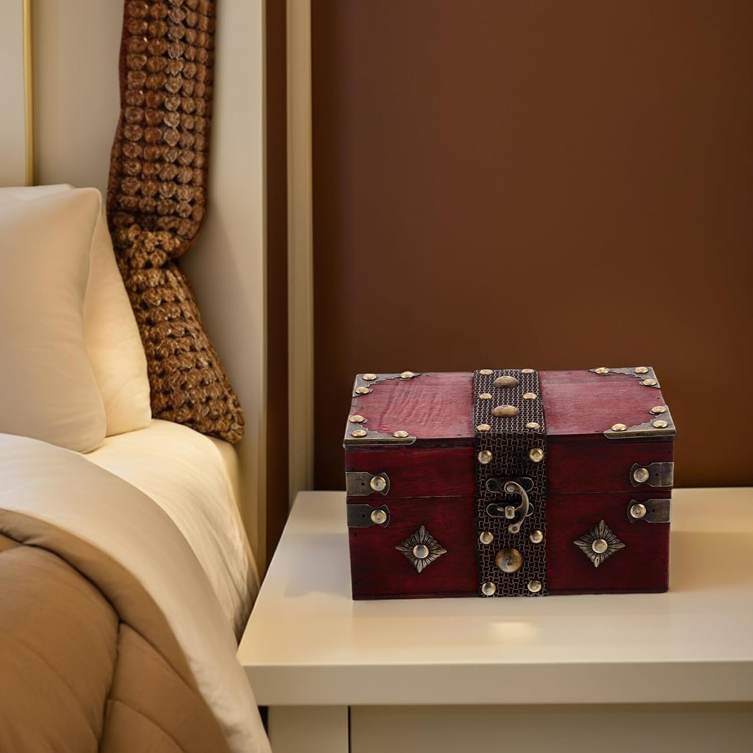 SOLUSTRE Vintage Wooden Jewelry Chest Box with Latch Red Small Retro Storage Organizer for Women Accessories and Keepsakes