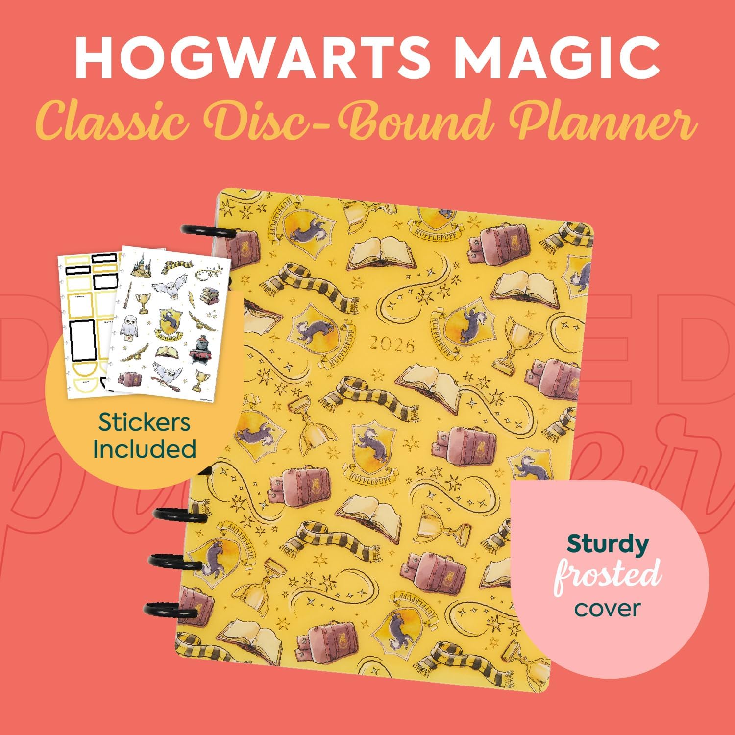 Happy Planner Harry Potter Disc-Bound 12 Month Planner Vertical Layout with 20-Sheet Sticker Book, Hufflepuff Magic Bundle, Classic Size 7” x 9.25”
