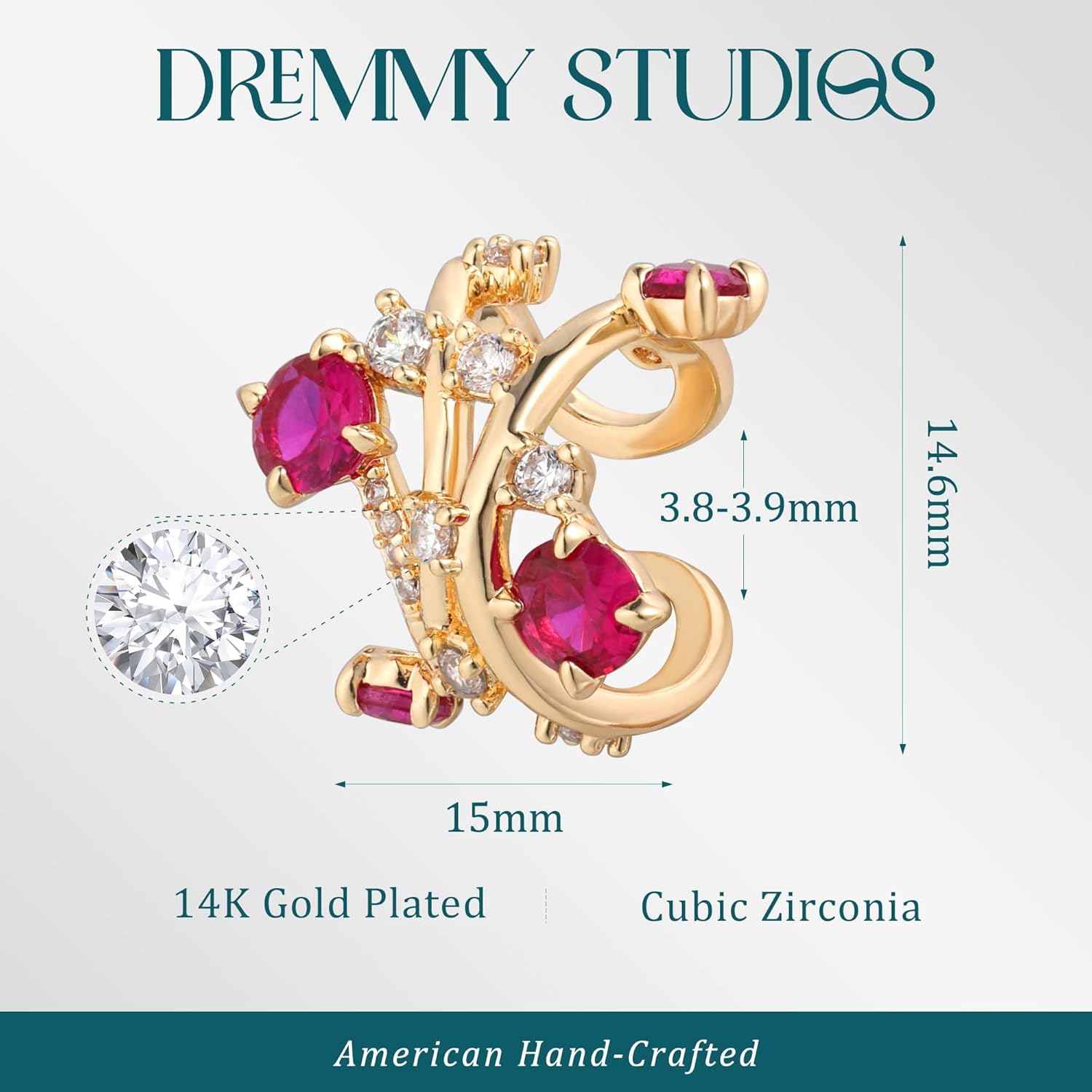 DREMMY STUDIOS Women Ear Cuff Non Piercing | 14K Gold Plated Cubic Zirconia Fake Earrings Wrap Clip on Cartilage Earring | Lightweight Hypoallergenic Jewelry SINGLE EAR CUFF - Image 5