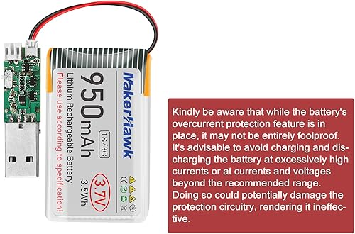 Miniatura 5 de MakerHawk Batería LiPo de 3.7 V 950 mAh recargable 1S 3C batería de polímero de litio con placa de protección cinta de goma aislada, enchufe micro