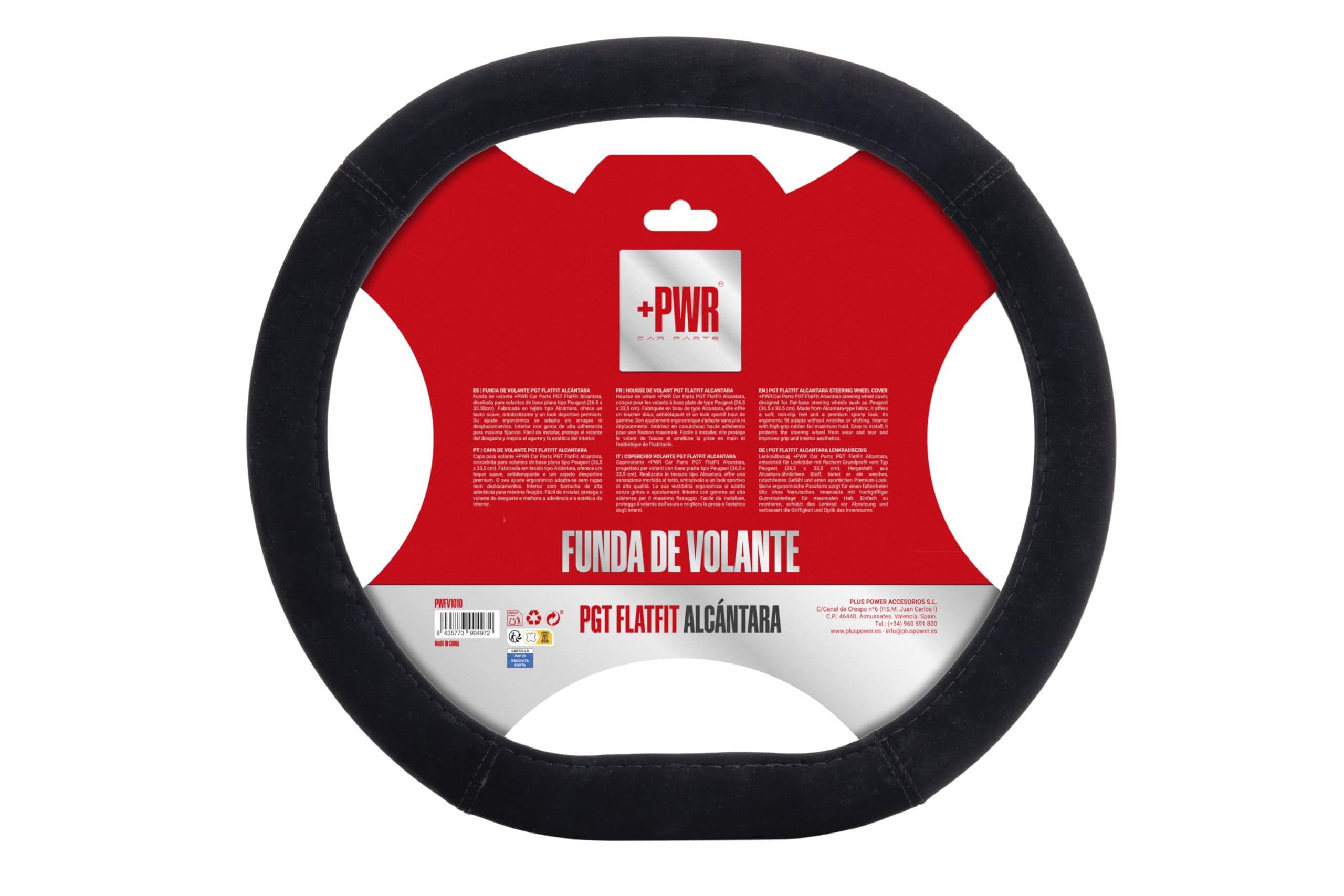 PGT FlatFit Alcantara Funda de Volante para Peugeot. Diseño para Volantes de Base Plana. Acabado Deportivo en Alcántara. Tacto Suave y Antideslizante. Medidas 36.5 x 33.5 cm