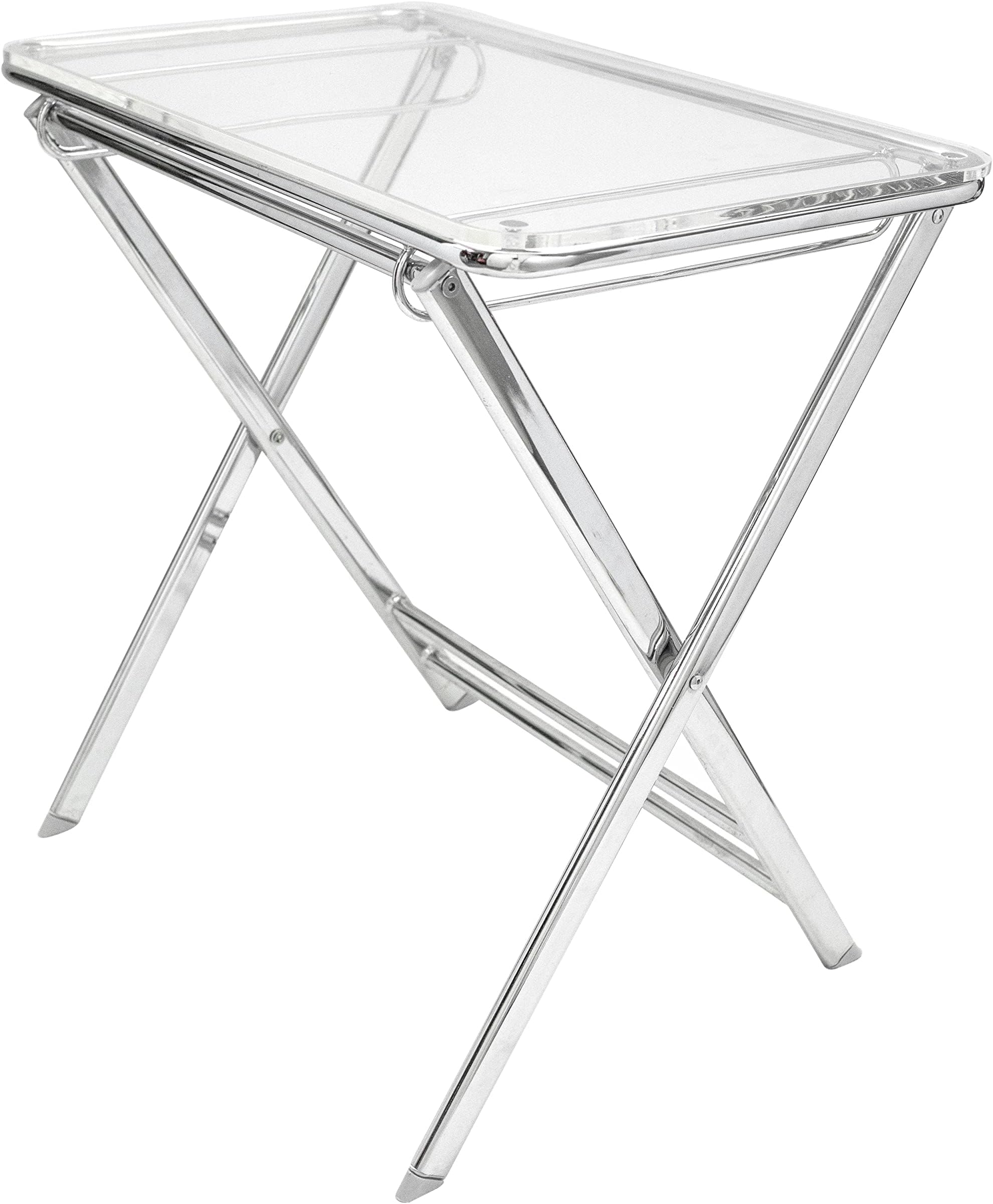 LeisureMod Lawrence Modern Rectangular Folding Side Table in Chrome Finish with Acrylic Tabletop & Aluminum Frame for Mid-Century Living Room and Contemporary Home (Clear, 20" Rectangular)