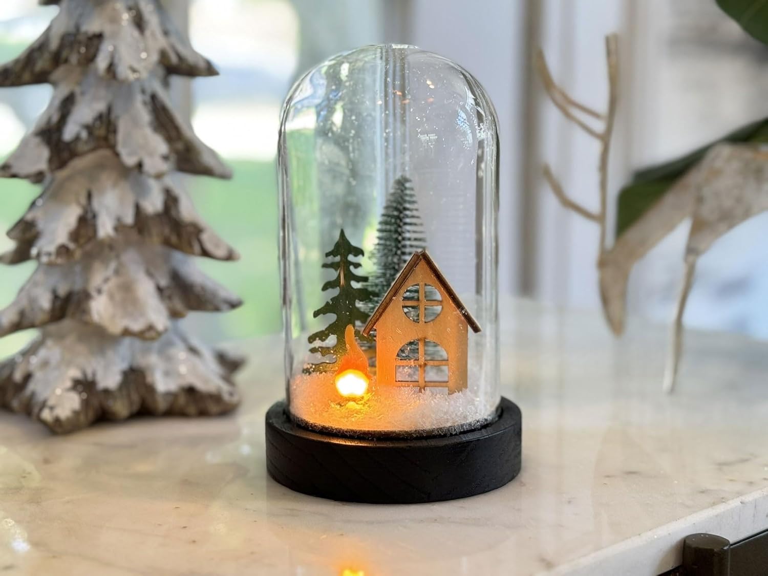 Gerson International Lighted Glass Dome with Wood Cabin, LED Flame Effect, Christmas Holiday Decor, 4.5W x 4.5L x 6.9 H inches