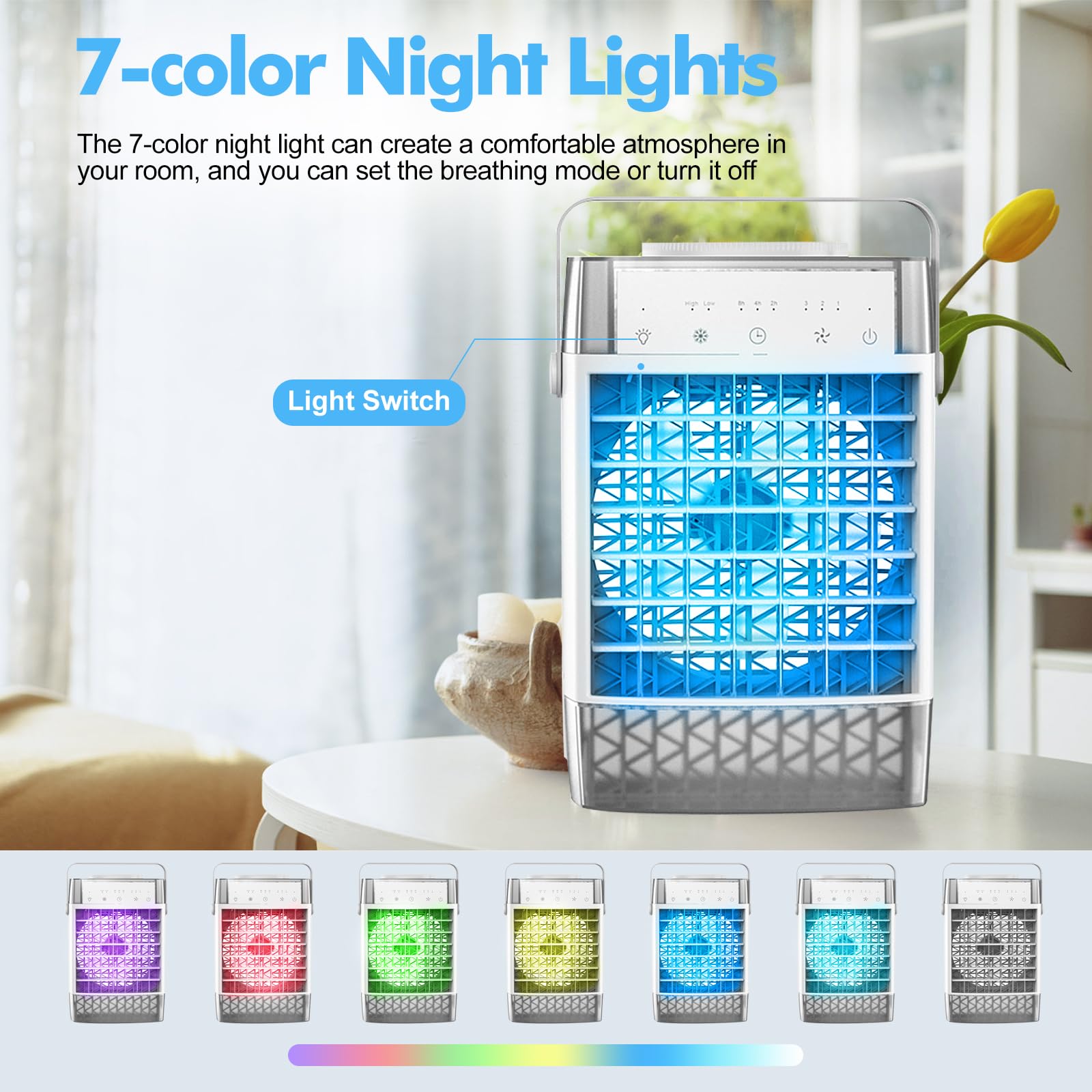 Przenośny wentylator i nawilżacz powietrza 4 w 1 z 7 kolorami LED 3 prędkościami 2 mgły M 1000 ml mini chłodnica powietrza do domowego biura sypialni i podróży