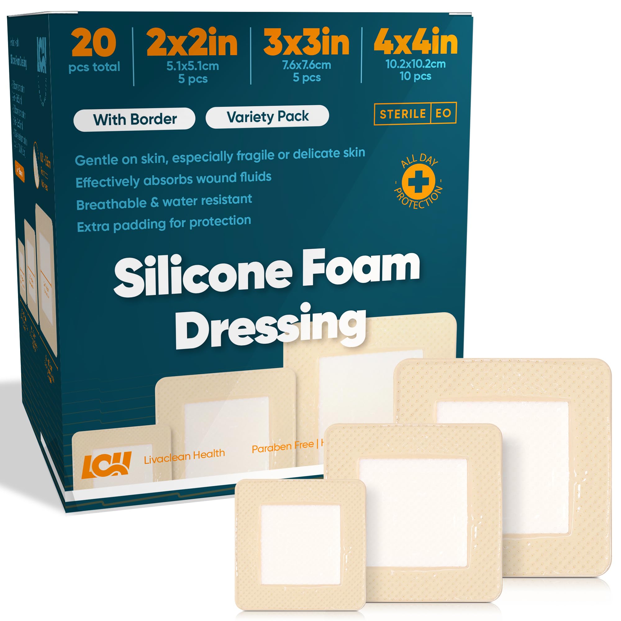 20 CT Silicone Foam Dressing 4x4, 3x3, 2x2 - Sterile Silicone Bandages for Wounds - Adhesive Pressure Sore Bed SOR Bandages - Square Dressing for