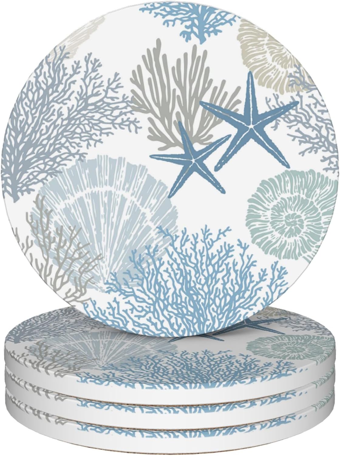 Coasters Set of 4, Marine Sea Shells Stars Coral Ceramic Coasters with Cork Bottom for Kinds of Mugs and Cups, Home Decor, 4''