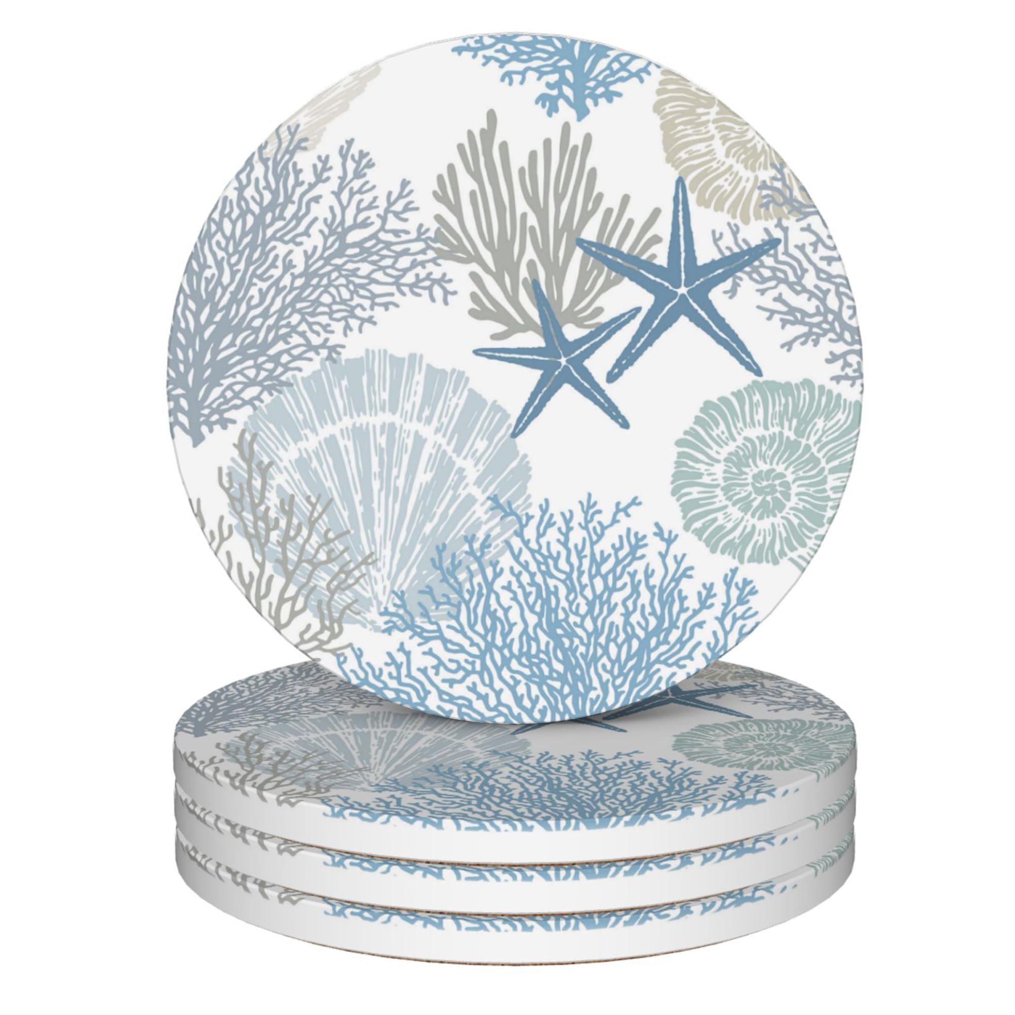 Losthll Coasters Set of 4, Marine Sea Shells Stars Coral Ceramic Coasters with Cork Bottom for Kinds of Mugs and Cups, Home Decor, 4''