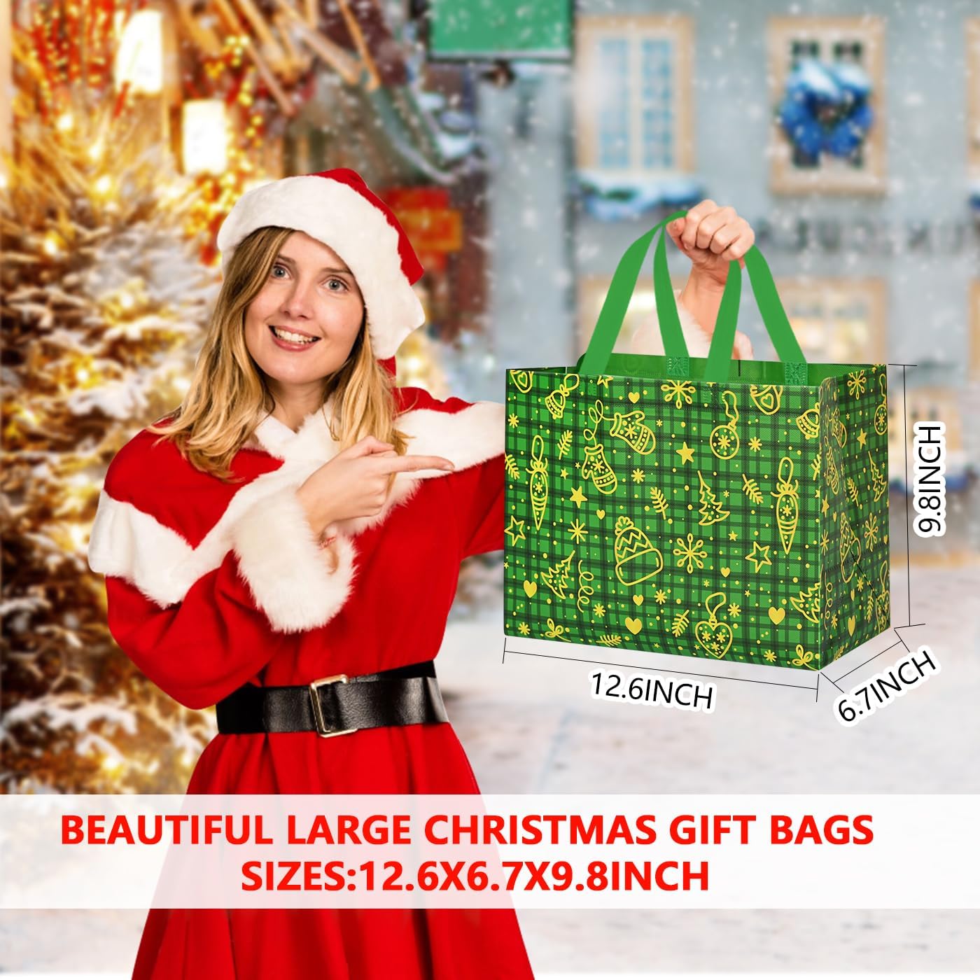 8Pack Reusable Christmas Tote Bags - Large Xmas Gift Bags with Handles, 12.4"9.7"6.8" for Presents & Parties image 3