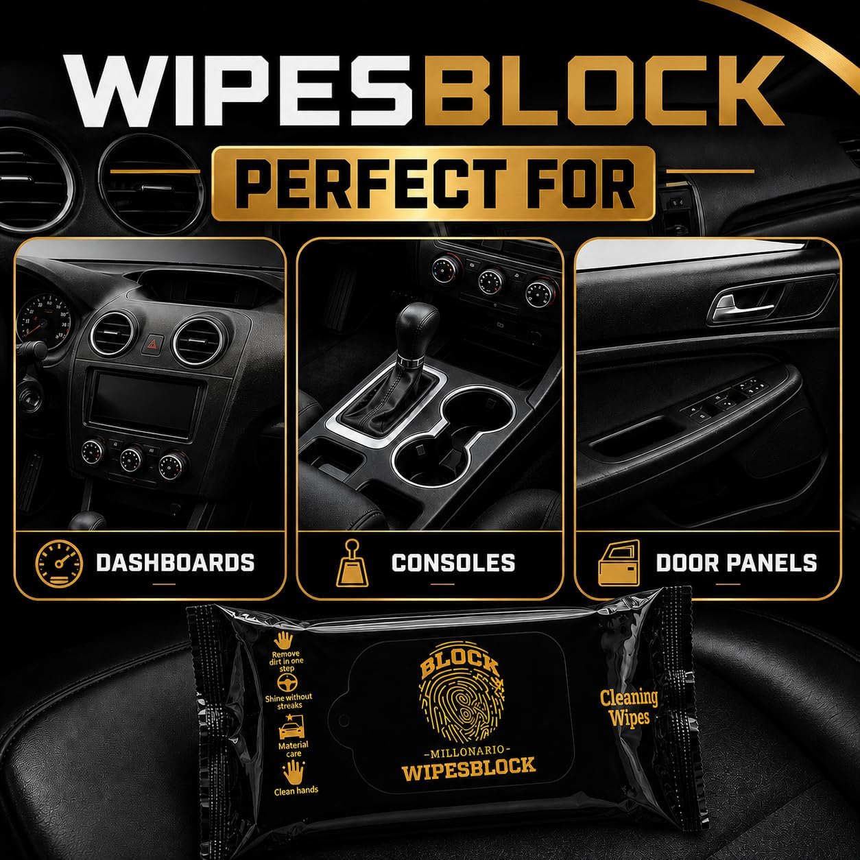 WipesBlock Premium Car Interior Wipes, 75 Ct - Cleans, Shines & Protects Vinyl, Leather & Plastic - Restores Black Color - CarBlock Scent
