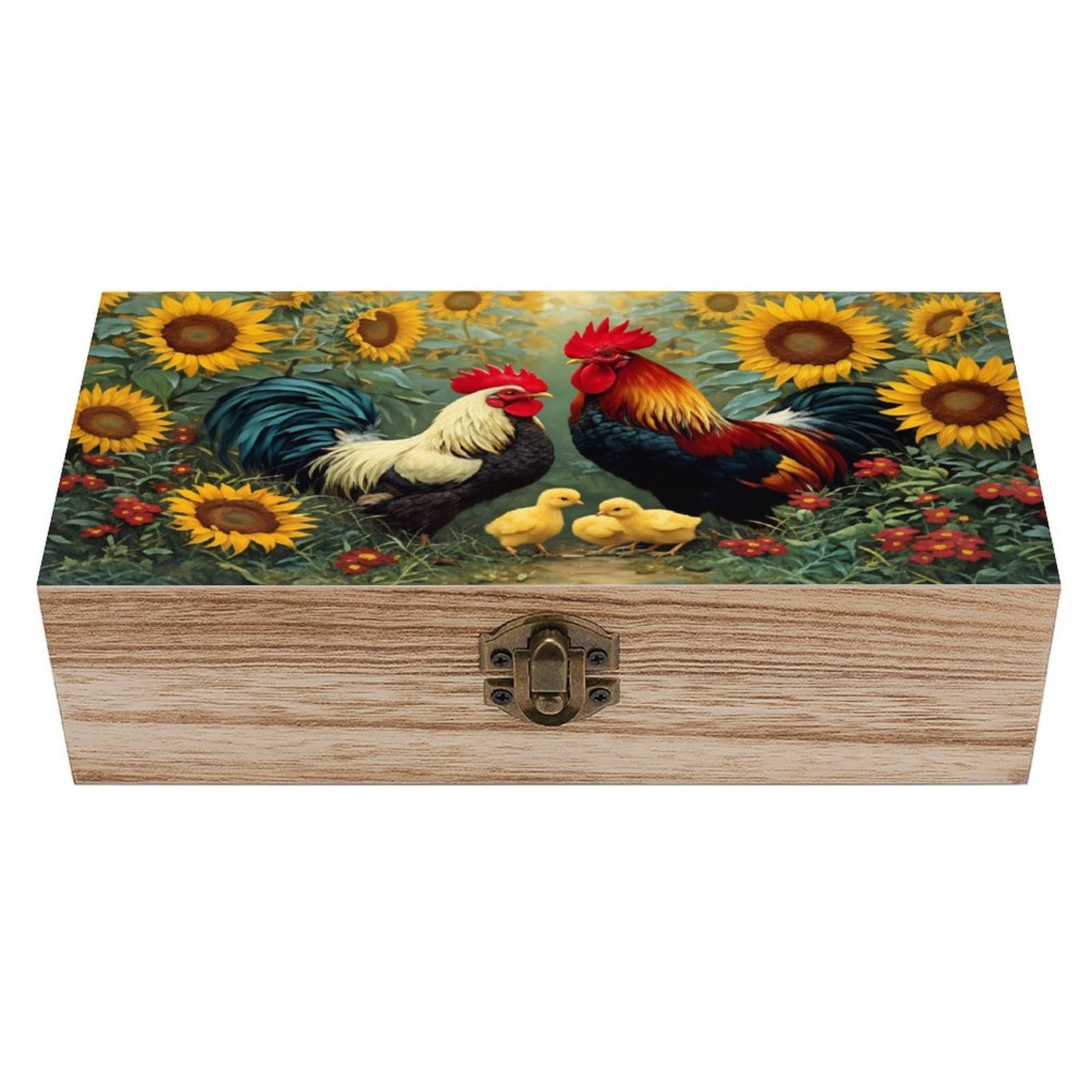 SMAZDFXX Sunflower Rooster Family Garden Wooden Keepsake Box Vintage Solid Wood with Hinged Lid 7.9"×3.7"×2.3" Metal Latch Rustic Home Decor for Jewelry Photos And Trinkets
