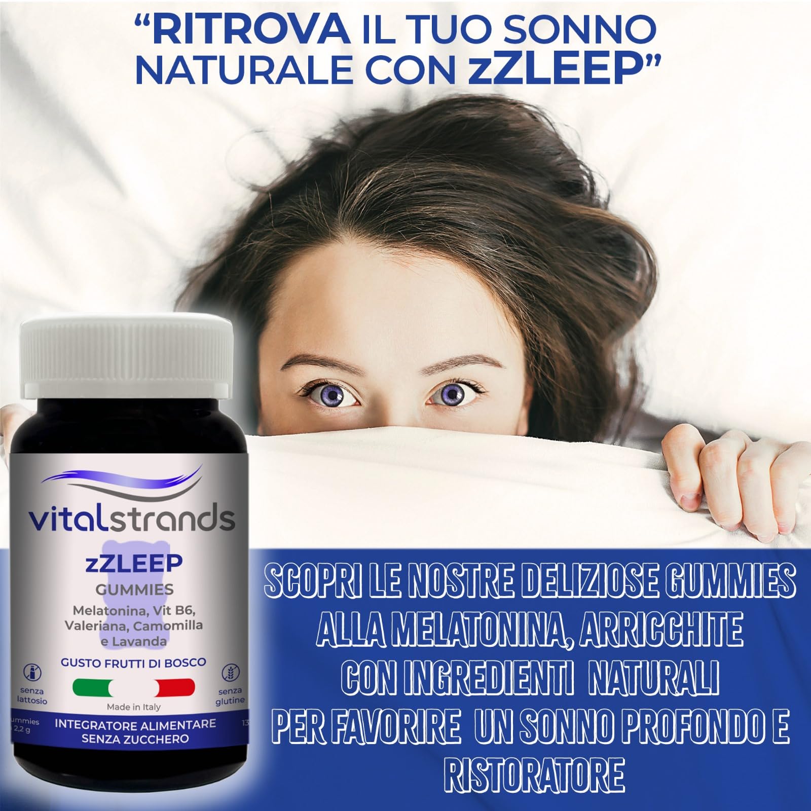 VITALSTRANDS zZLEEP | Melatonina per Dormire forte con l'aggiunta di erbe | Pastiglie per Dormire Meglio con Melatonina e Valeriana, Vitamina B6, Camomilla e Lavanda | 60 Caramelle per Dormire