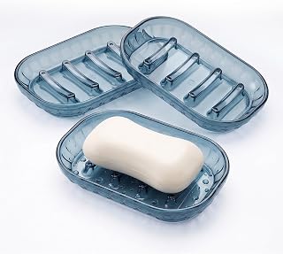 3 Pack Blue Clear Soap Dish for Shower, Self Draining Bar Soap Holder with Raised Ridges,Plastic Transparent Soap Tray for Bathroom Shower, Kitchen Sink, Bathtub, Quick Dry Soap Saver
