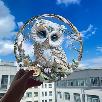 2D Hanging Window Decoration Owl in Stained Glass Look Colourful Acrylic Suncatcher with Chain Decorative Pendant for Indoor and Outdoor Use (Garden Balcony Window)