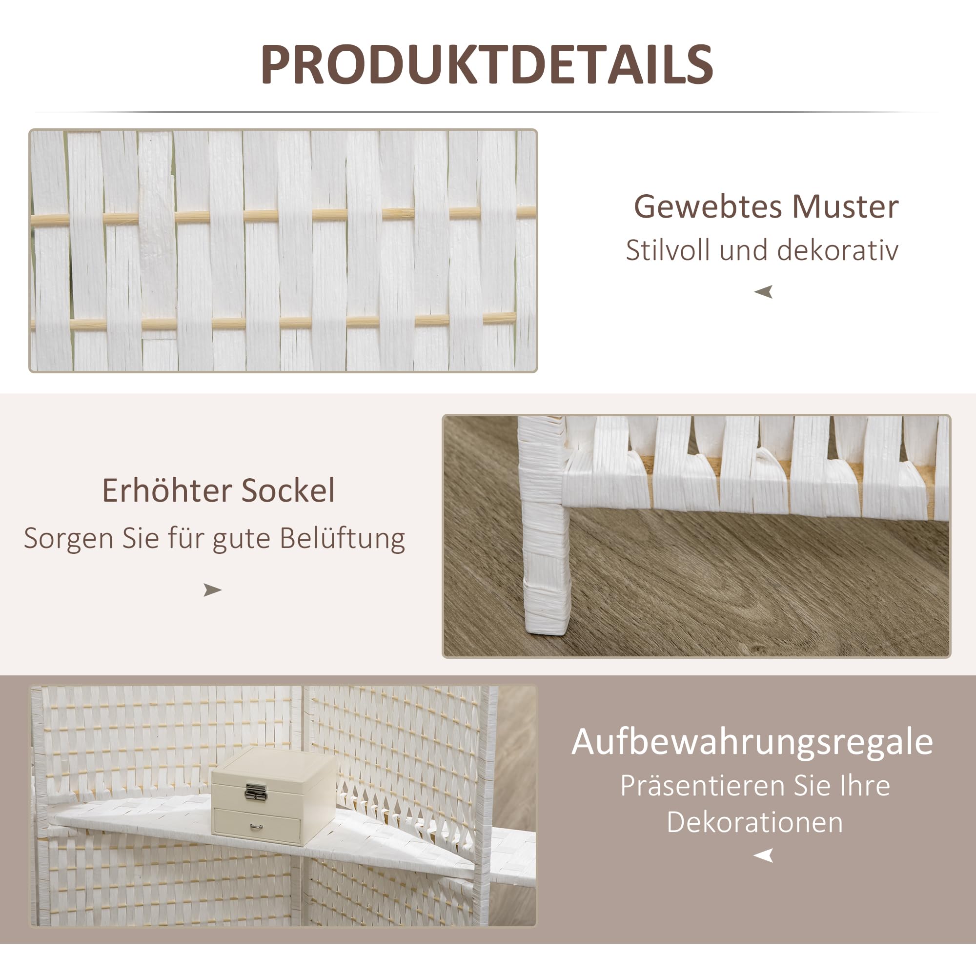HOMCOM Paravento 4 pezzi, 181 x 180 cm, divisorio pieghevole, in legno di pino, bambù, con 2 ripiani, separatore autoportante, per camera da letto, soggiorno, ufficio, bianco
