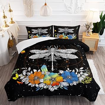DYcolor 3D White Gothic Dragonfly Quilt, 3-Piece Boho Flower Dragonfly on Moon Starry Sky Comforter Set with 1 Comforter and 2 Pillow Cases for Kids, Teens, Adults Black, Queen
